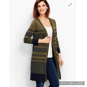 Talbots Long Cardigan Striped Green Blue Open Front M Lunch Work Preppy